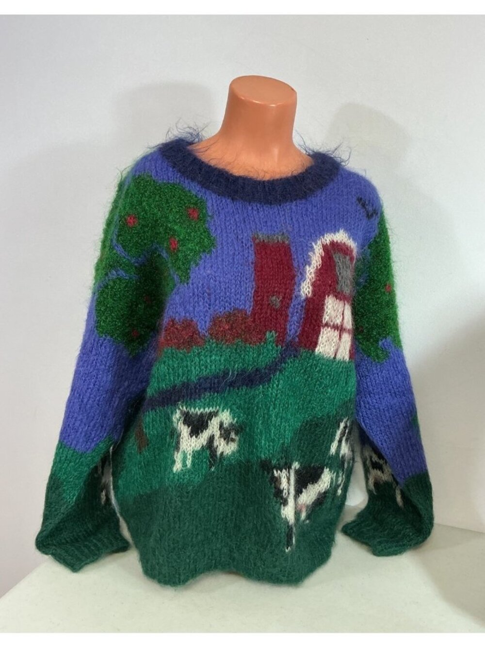 Icelandic Design Mohair Wool Sweater Cow Farm Print Womens Large